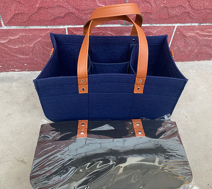 Felt diaper storage bag with insulated bottle holders and accessory pockets