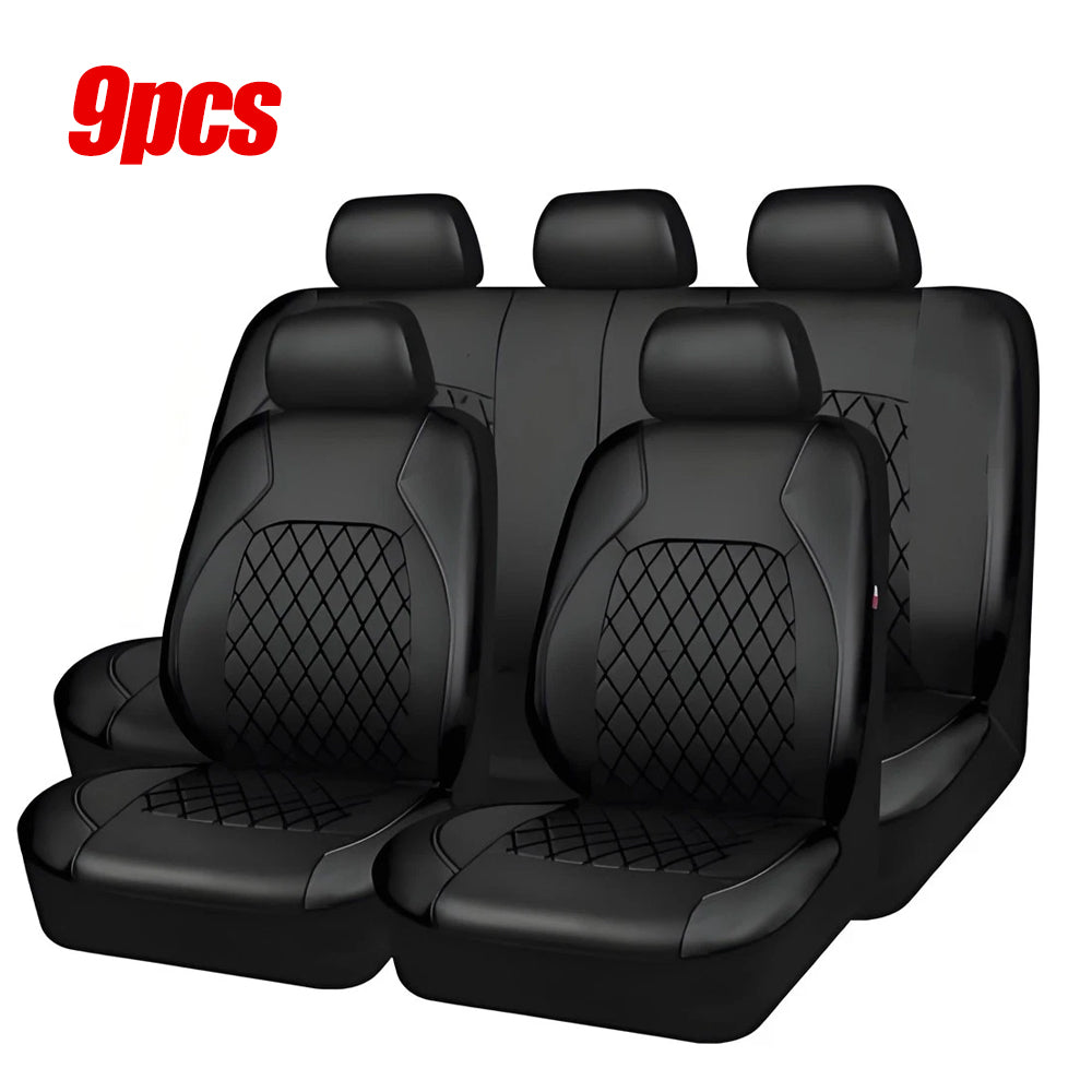 9pcs Full Set Universal PU Leather Seat Covers Protectors Non-Slip Cover--BLACK