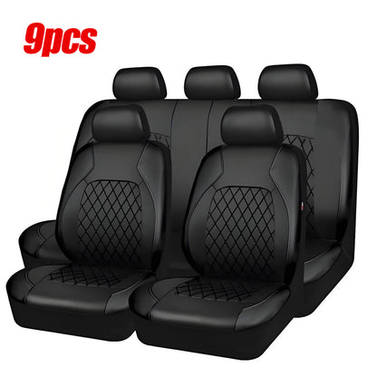 9pcs Full Set Universal PU Leather Seat Covers Protectors Non-Slip Cover--BLACK